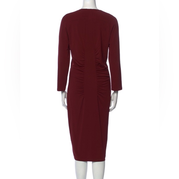 Roberto Cavalli V Neck Burgundy Gathered Accents Midi Sheath Dress - Picture 4 of 11